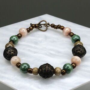 𝅺Artisan brass cat’s eye ceramic beads bracelet boho style stackable layering.